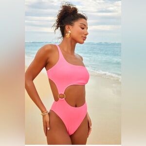 Lulus Hot Pink Ribbed One-shoulder O-ring One-piece Swimsuit - Size M